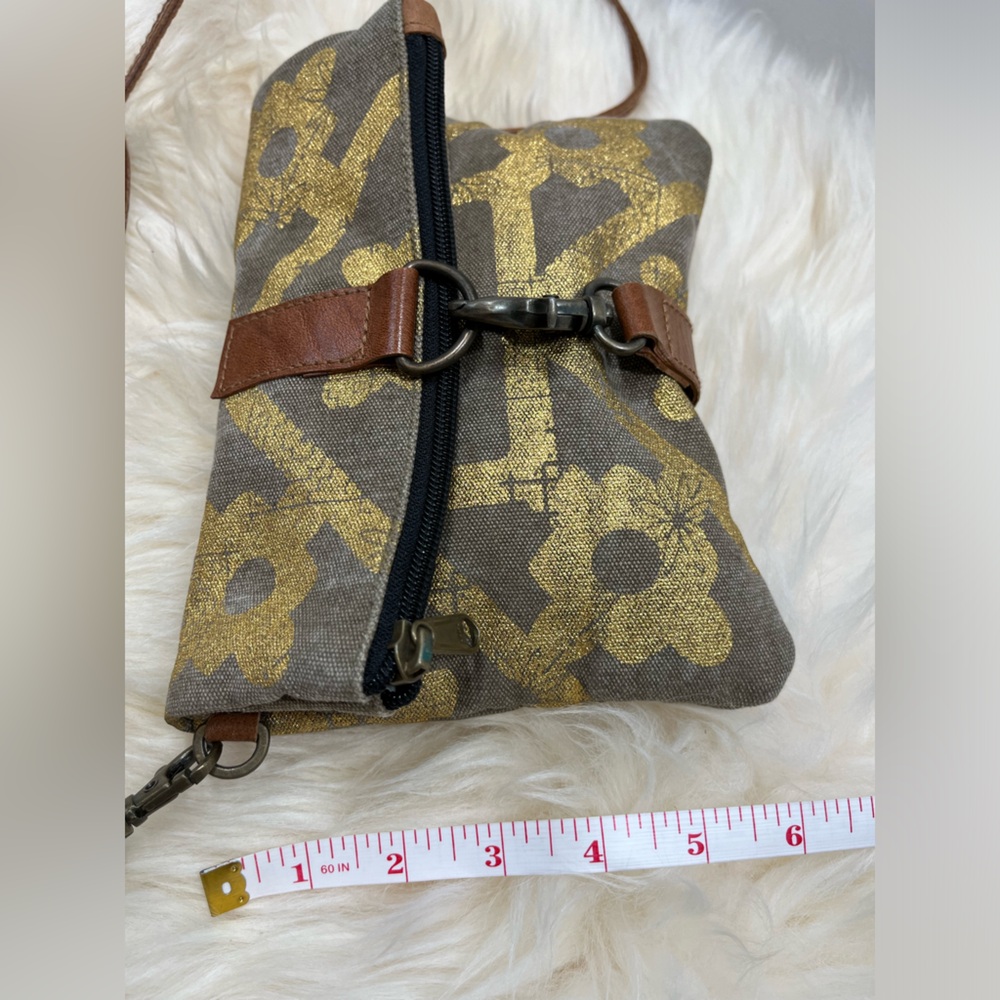 Mona B. Up cycled Coated Canvas Crossbody w Vegan Leather Metallic Gold Design - Picture 14 of 17